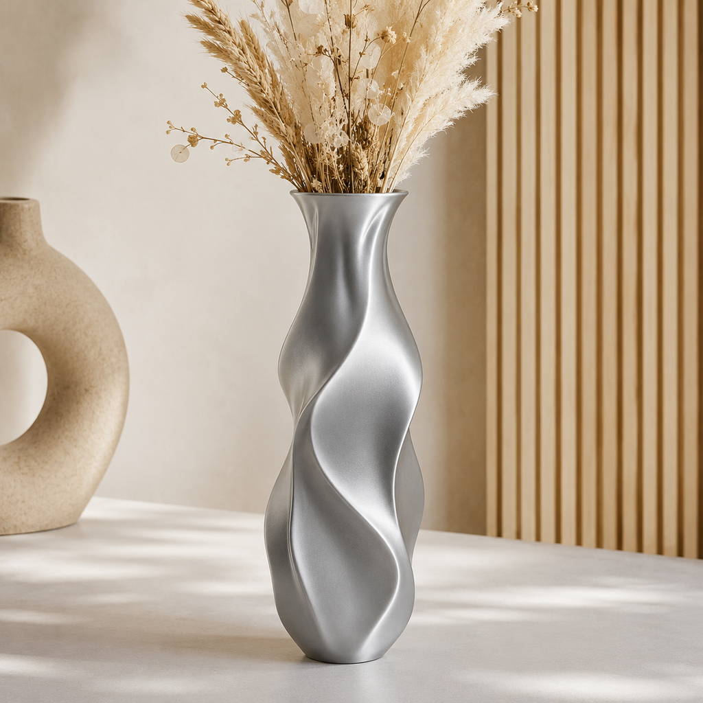 Abstrakte 3D-Vase aus PLA in Gold-Optik mit fliessenden Formen